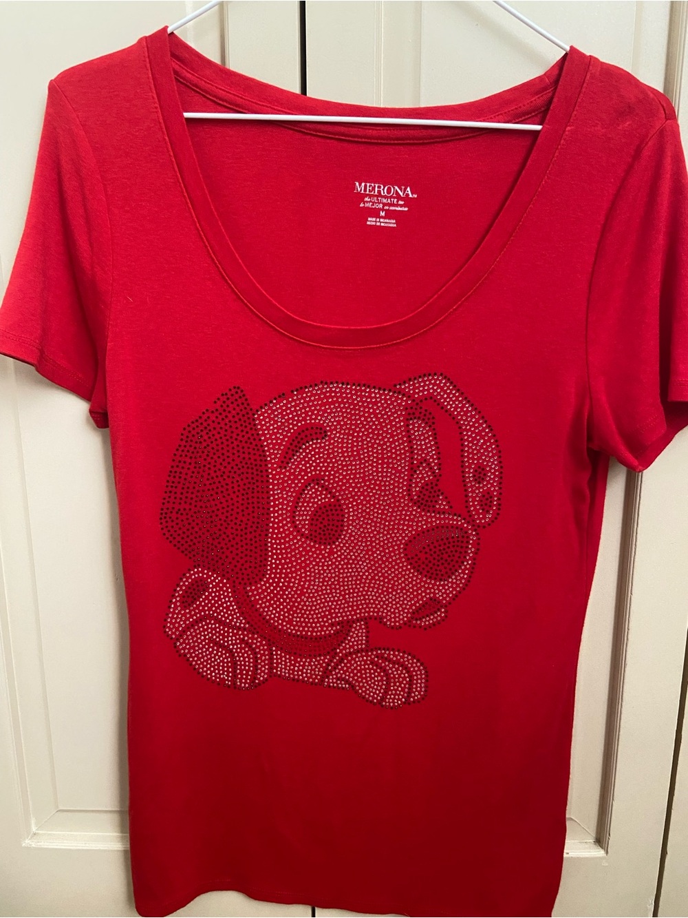 Merona Red Scoop Neck Short Sleeve Tee with Studded Puppy Design